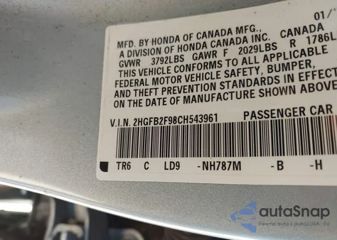 2012 Honda Civic Ex-L from USA, damaged, VIN 2HGFB2F98CH543961